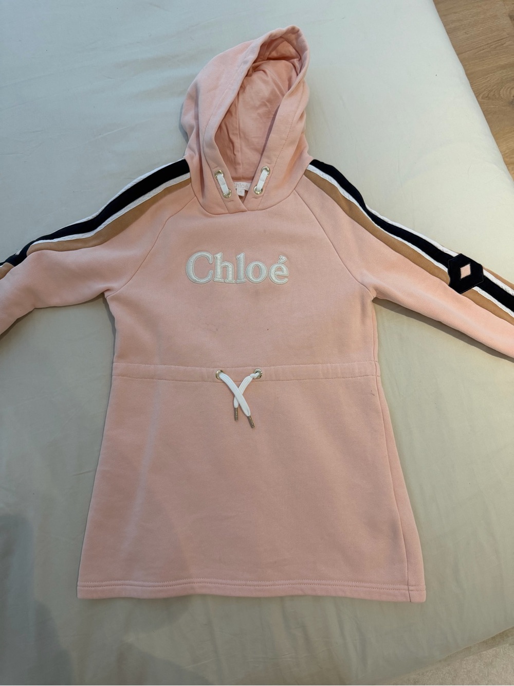 Chloé Pink Hooded Sweatshirt Dress with Contrast Sleeve Stripes